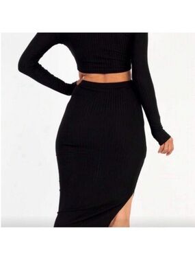 Black Ribbed Midi Skirt and crop top 2 piece set